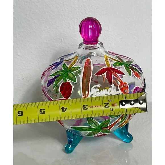 Ompass Hand Painted Art Clear Glass Jar with Lid Embossed Footed Multicolor - Picture 9 of 9